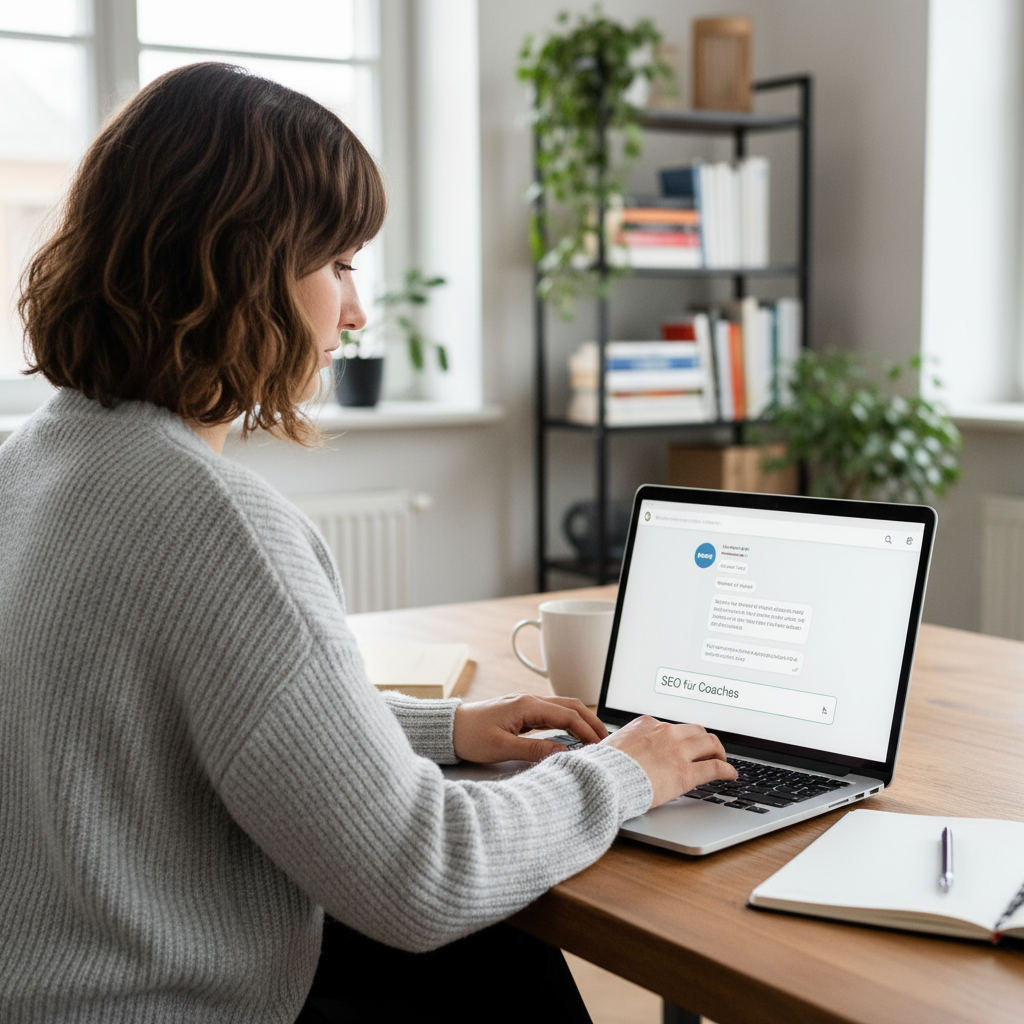Eine Frau sitzt vor einem Rechner und sucht etwas in KI.