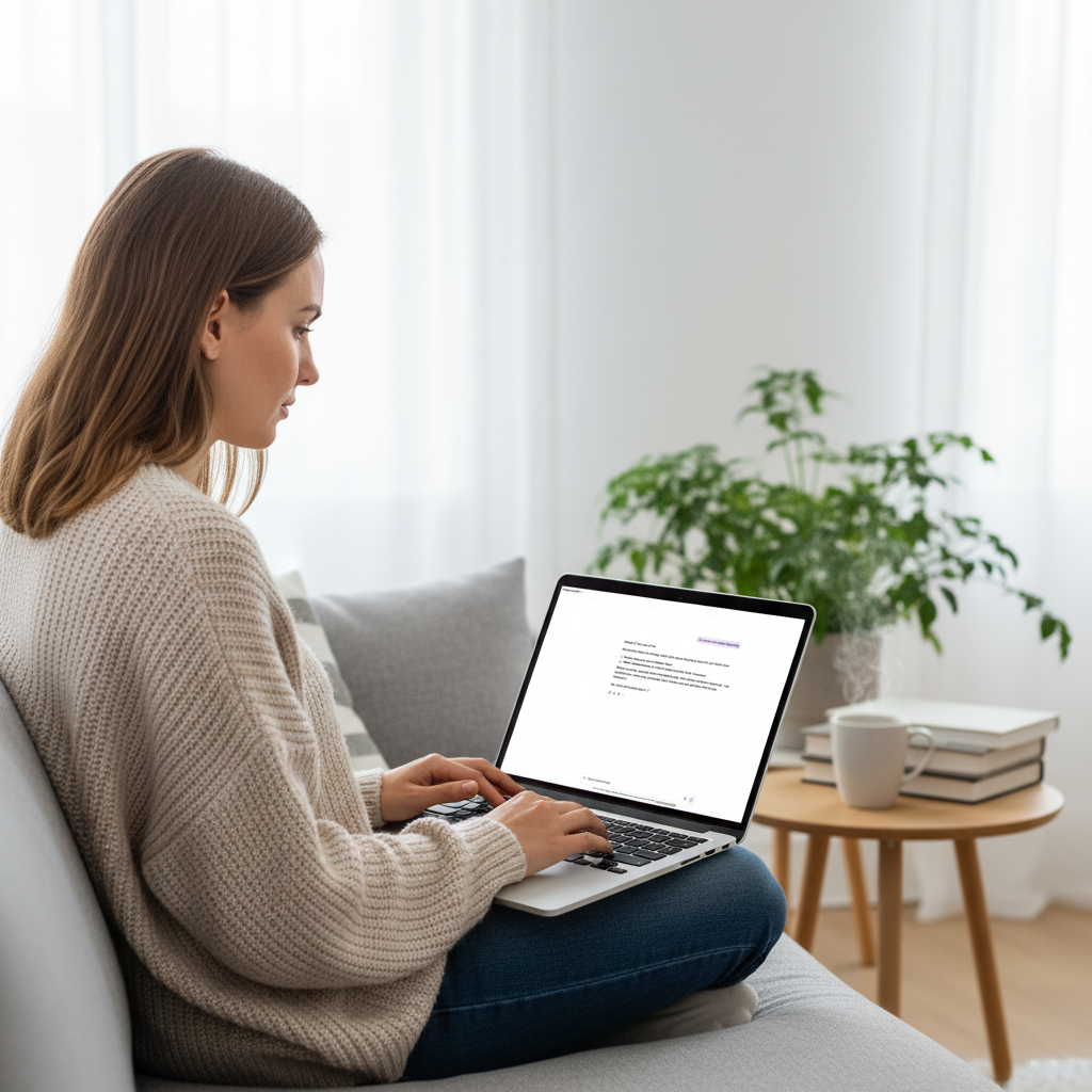 Eine Frau sitzt auf einem Sofa und nutzt den Custom GPT des Blogs Ein Stück Arbeit